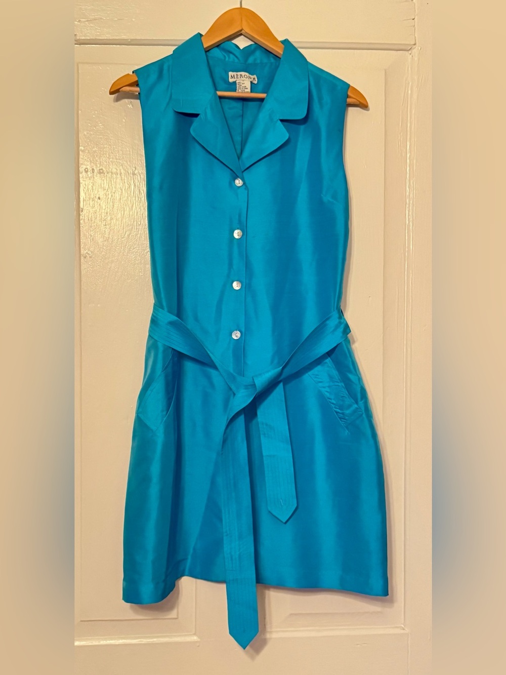 Vintage 90’s 100% Silk Merona Turquoise Button-Front Midi Dress with Tie Waist